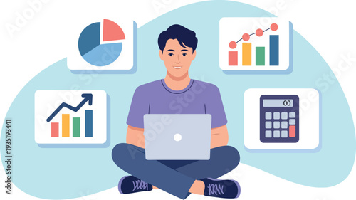 Young professional analyzing data and financial reports with laptop and charts