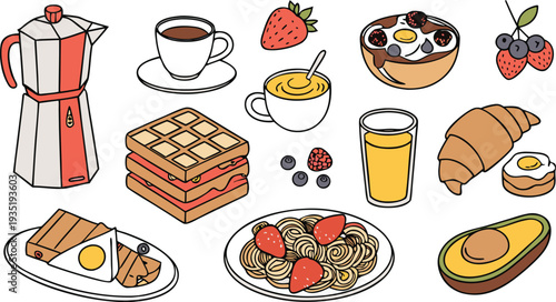 Colorful breakfast spread with various food items and drinks on a white background