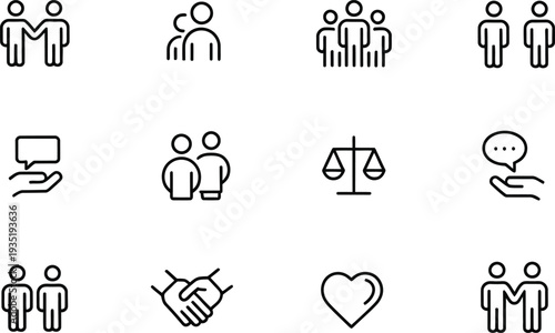 Black line icons of people, business, and relationships
