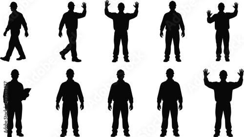 Construction worker silhouettes, hard hat safety, clipboard holding, teamwork poses, occupational safety, industrial site, labor gestures, instructional artwork design