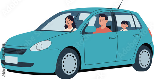 Family traveling in blue hatchback car with parents and child sitting inside, road trip vector illustration