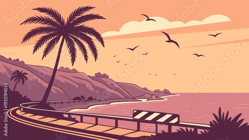 Palm tree on a coastal road with a guardrail by the ocean at sunset