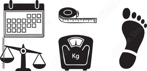 Black and white of calendar scale measuring tape balance and foot
