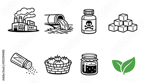 Pollution and food safety icons with waste and green leaf emblem