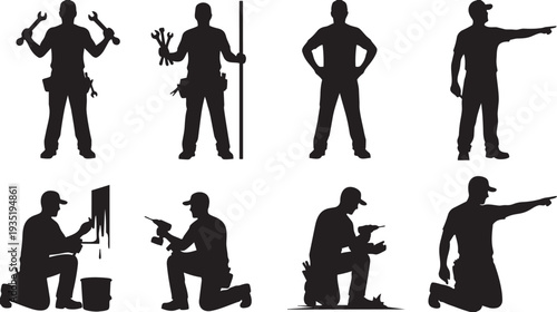 Construction worker silhouettes, wrench holding, tool carrying, pole usage, painting tasks, power drill, kneeling labor, teamwork illustration, occupational safety artwork design