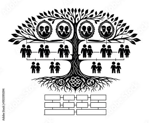 Decorative family tree with portrait frames and chart below