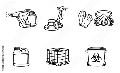 Cleaning equipment and protective gear arranged on dark background