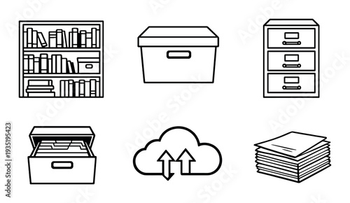 Bookshelf and document storage icons arranged on dark background
