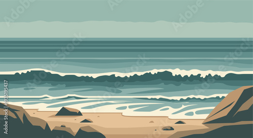 A stylized illustration of ocean waves crashing onto a sandy beach with rocky outcrops, rendered in muted teal, brown, and beige tones, evoking a sense of calm and tranquility.
