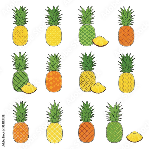 Set of fresh ripe pineapples isolated on white background
