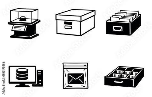 Archival storage and mailing icons arranged on dark panel