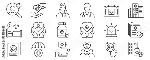 Medicare icon set. Containing healthcare, insurance, pharmacy, coverage, doctor, nurse, hospital, medical, patients, and more. Outline icons collection. Editable stroke. Vector illustration