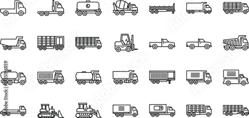Transportation truck icons collection with delivery vehicles construction machinery cargo transport logistics outline vector illustration set