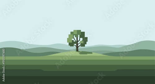 Minimalist illustration of a lone tree standing on a grassy hillside, with rolling green hills fading into the distance under a pale blue sky, creating a peaceful mood.