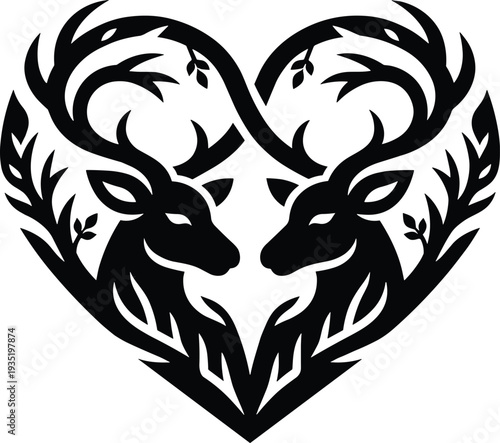Deer silhouette illustration, wildlife romantic artwork, heart antler vector design, nature graphic icon, black white love symbol