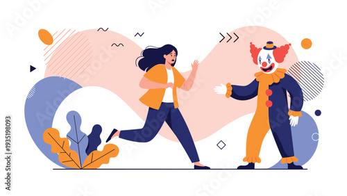 Frightened woman running away from a creepy smiling clown in a colorful costume within an abstract geometric scene.
