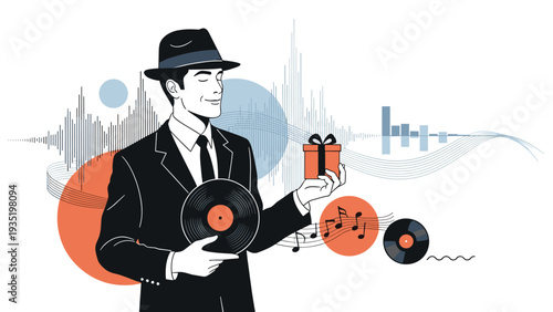 Sophisticated man in a black suit and fedora holding a vinyl record and a small gift box against a musical backdrop.