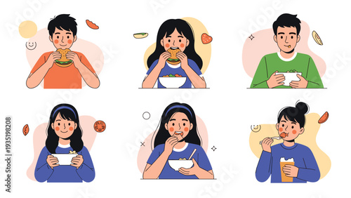 Set of people enjoying different meals including burgers, salads, and healthy snacks while smiling and having a good time eating.