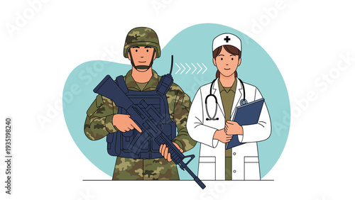 Male soldier in camouflage combat gear standing beside a female doctor in a white coat representing the partnership of defense and health.