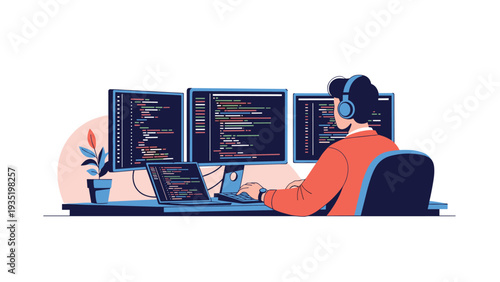 Focused male programmer wearing headphones while working on complex software code displayed across three large computer monitors.