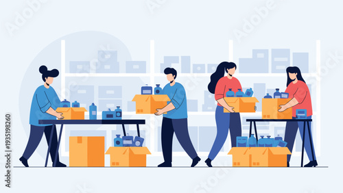 Diverse team of warehouse employees working together to organize and pack blue bottles into cardboard boxes on long industrial tables.