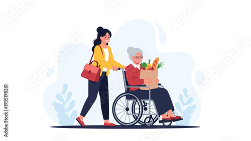 Kind woman pushing an elderly lady in a wheelchair while carrying a brown paper bag filled with fresh healthy groceries and bread.