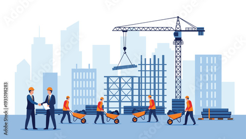 Busy urban construction site with multiple workers in safety vests and helmets operating cranes and moving materials in a growing city.