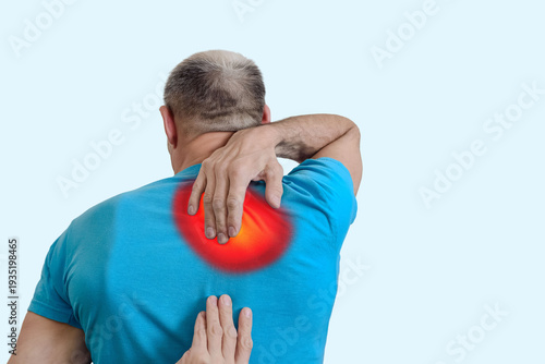 Φωτογραφία Man suffering from chronic backache, inflamed zone highlighted in red