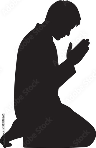 Man kneeling in prayer vector silhouette illustration for religious or meditation concept