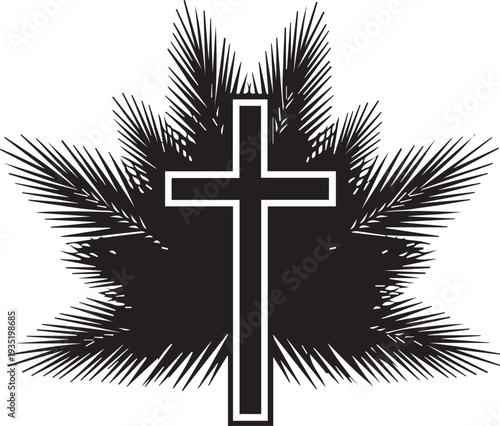 Palm branches cross religious symbol Christian faith simple black outline vector