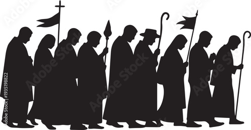 Religious procession silhouette vector with monks and pilgrims walking with staffs and flags