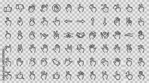 Set of 100 Hand Gesture Line Icons Vector on Transparent Background