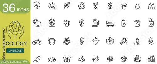 Ecology icon line recycle sustainability environment nature renewable energy symbol set featuring tree, solar panel, wind turbine, water droplet, electric car, wildlife, zero waste theme