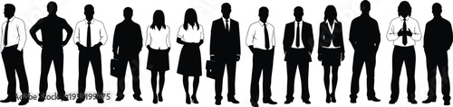 Business people silhouettes, corporate team, male and female professionals, office workers with briefcases, workplace diversity illustration, black design, cad drawing flat vector illustration