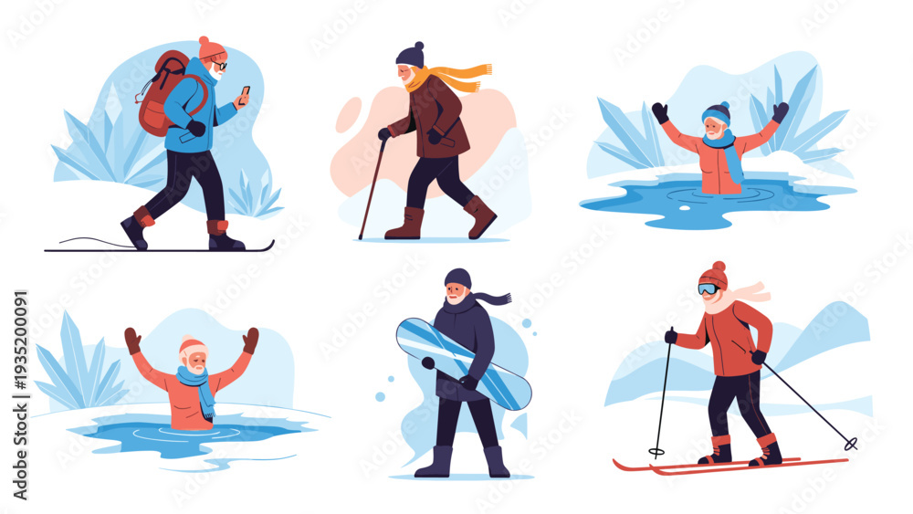 Fototapeta premium Active senior citizens participating in various outdoor winter sports like skiing, snowboarding, and ice swimming.