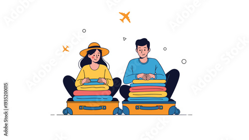 Young man and woman sitting on the floor packing their colorful suitcases with clothes in preparation for an exciting vacation trip, flat vector.