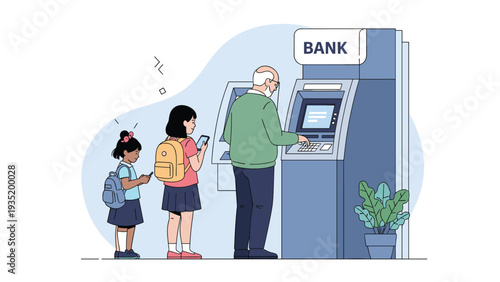 Senior man uses an ATM at a bank while two young schoolgirls with backpacks wait in line behind him, each looking at their mobile phones.