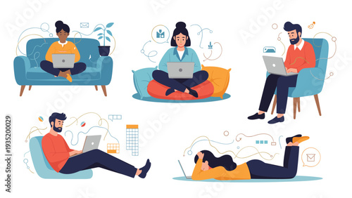 Set of illustrations showing various people working on their laptops in different positions such as sitting on a sofa, floor, or lying down.