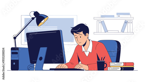 Diligent young man focuses on his work while sitting at a desk equipped with a computer, lamp, books, and a cup of coffee in a home office setting.