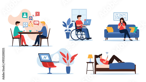 Diverse group of people utilizing digital technology for communication and work while in various areas of their home like the living room or bed.