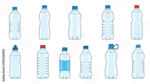 Comprehensive collection of different plastic water bottle designs showing various shapes, sizes, and cap colors, ideal for recycling or health themes.
