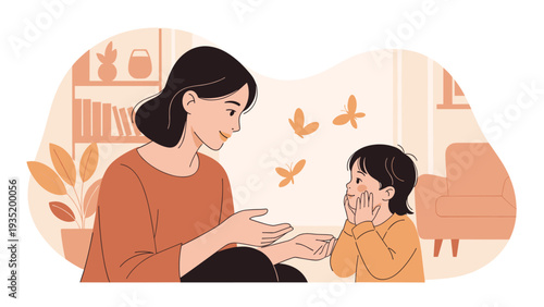 Caring mother engages in a gentle conversation with her young child in a cozy, sunlit room, with butterflies fluttering around them, flat vector style.