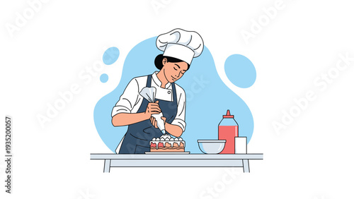 Professional female chef in a white uniform carefully decorating a delicious strawberry cake with a frosting bag.