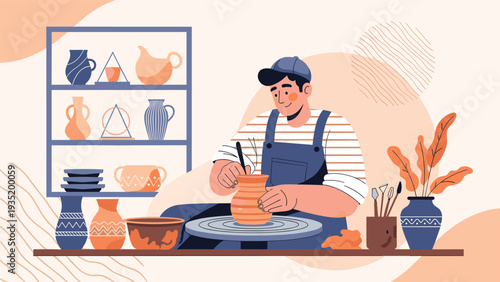 Artistic male potter wearing an apron and cap molding a clay vase on a spinning pottery wheel in his creative studio.