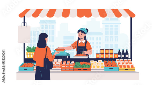 Friendly female merchant serving a customer at a busy outdoor market stall filled with fresh vegetables and jars.