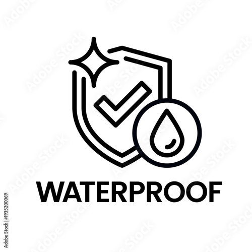 Waterproof icon set. Water resistant symbol. Water protection, liquid proof protection. Shield with water drop. Anti wetting material, surface protection. Waterproof logo, label, badge, line, vector.