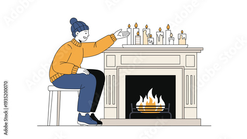 Person sitting on a stool by a warm fireplace reaching out to light a row of decorative candles on the mantle.