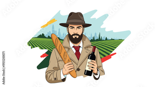 Stylish man with a beard and fedora holding a fresh baguette and bottle of wine while standing in a green field.