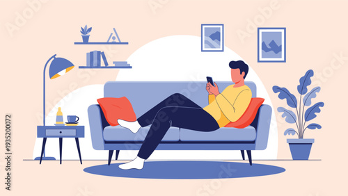 Young man relaxing on a comfortable blue sofa at home while browsing on his smartphone with plants in the room.