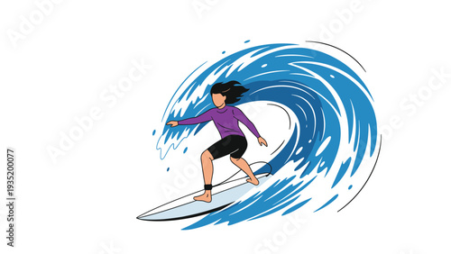 Athletic female surfer wearing a purple shirt riding through a massive curling blue ocean wave on her surfboard.